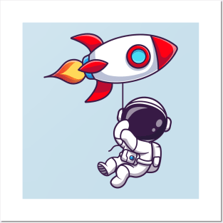 Cute Astronaut Floating With Rocket Balloon Posters and Art